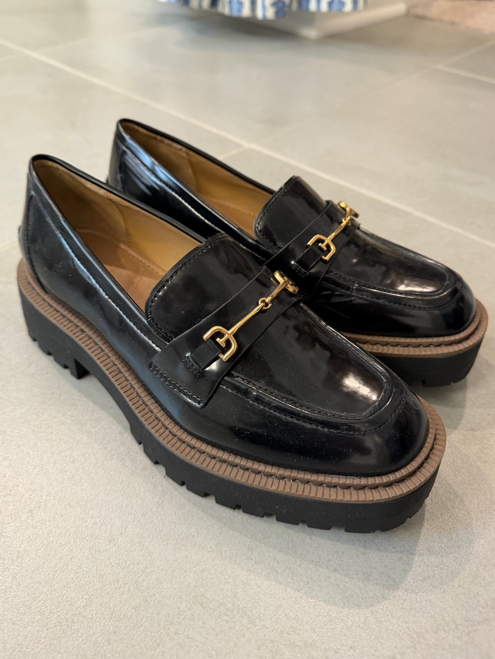 Sam Edelman Black Patent Leather Lug Sole Loafers with Gold Bit Hardware